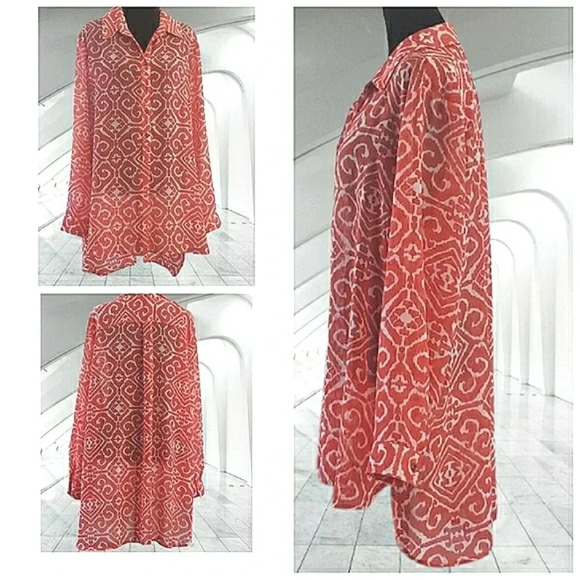 Chico's Sheer Geometric Orange Fall Flowy Tunic Top Women's Size XL - Picture 1 of 11